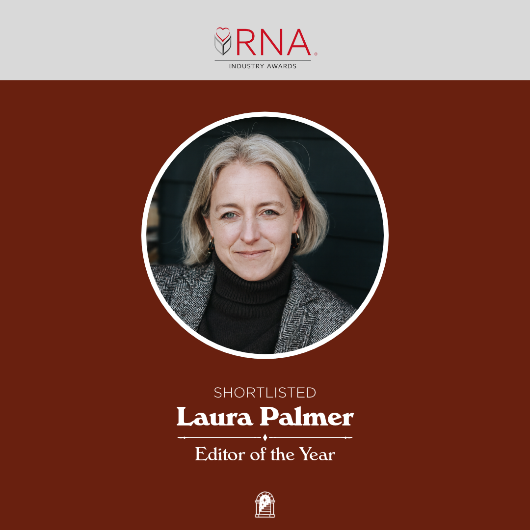 Laura Palmer’s headshot alongside the Romantic Novelists’ Association logo, announcing her shortlist nomination for Editor of the Year.